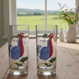 Pfaltzgraff Sunnydale tumblers, set of 2, rooster design with a fence on back